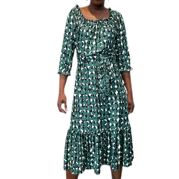 Melissa Masse | Dresses | Melissa Masse Green Black Seed Print Jersey Dress  With 34 Sleeves And Self Belt | Poshmark